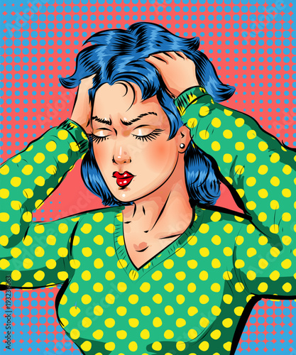 Vector pop art beautiful woman getting headache