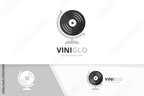 Vector vinyl and globe logo combination. Record planet symbol or icon. Unique music album logotype design template.
