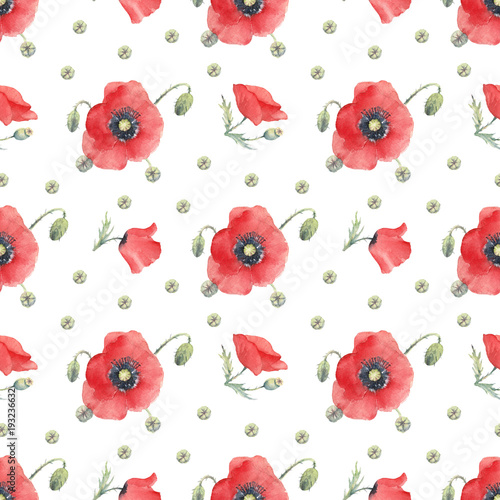 Watercolor Seamless Pattern of Red Poppies