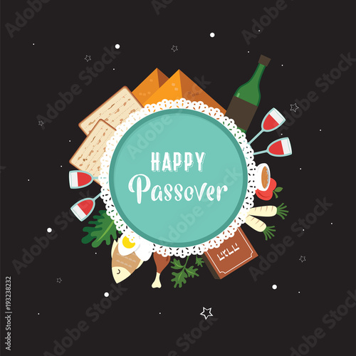 Passover seder plate with flat traditional icons over night background. greeting card design template. vector illustration