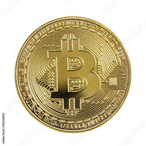 Golden bitcoin on white bac...