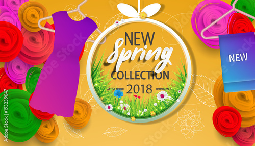 Spring banner "new collection" with paper flowers for online shopping, advertising actions, magazines and websites. Spring new collection background with beautiful colorful flower.