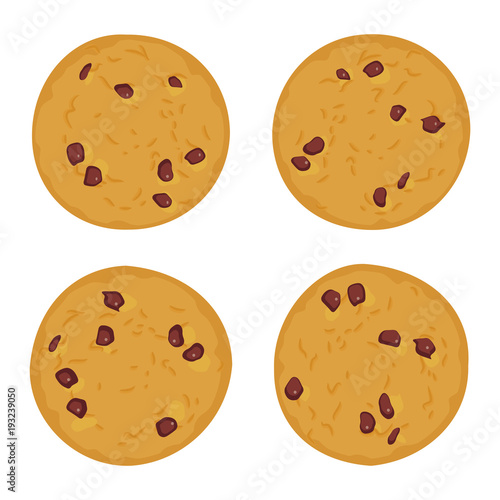 Chocolate chip cookie set, Freshly baked Four cookies isolated on white background. Bright colors. Vector