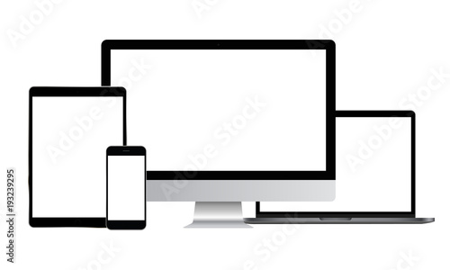 Set of modern electronic devices - computer monitor, laptop, tablet, smartphone. Mockups to showcase your web-site design. Vector illustration