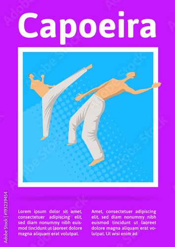 Capoeira, the traditional Brazilian martial art. Two men fighting. Vector illutration, design template for sport poster.