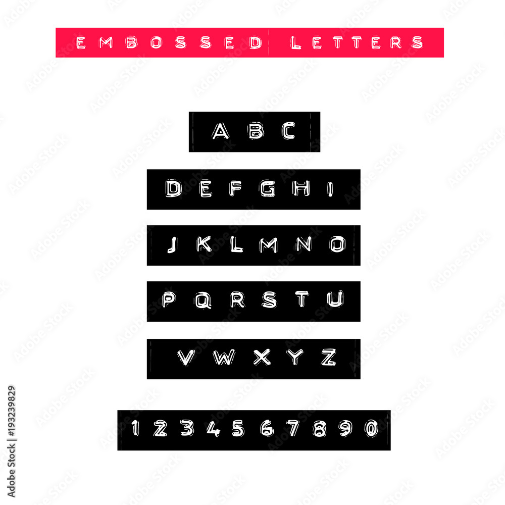 Embossed letters tape font. Vintage adhesive label type. Vector alphabet.  Stock Vector