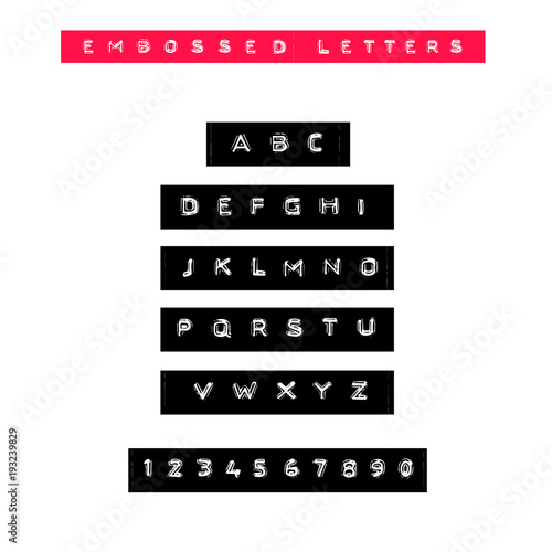 Embossed letters tape font. Vintage adhesive label type. Vector alphabet.