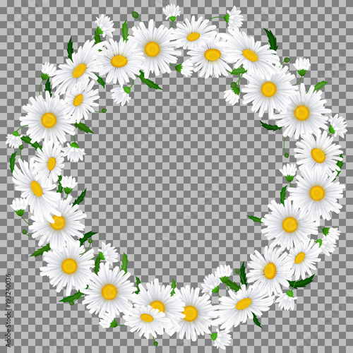 Beautiful chamomile wreath on beige background with place for your text