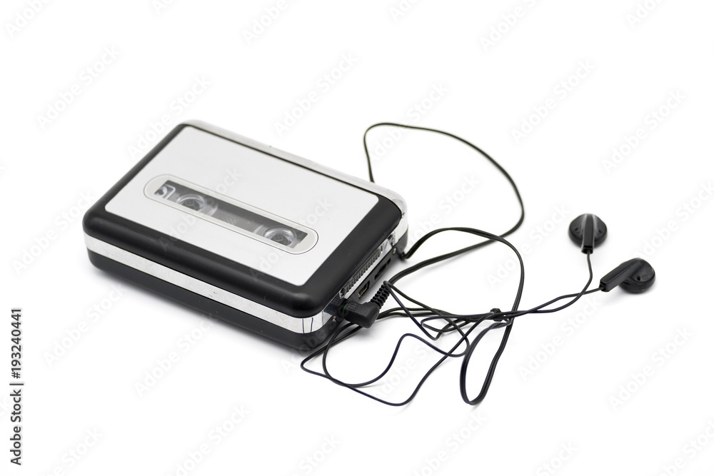Portable Tape Player with earphones isolated on white background Portable Tape Player with earphones isolated on white background