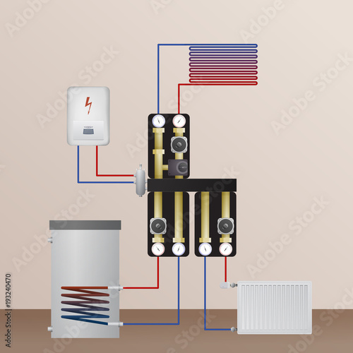 Electrical boiler in the heating system. Vector illustration. The HVAC equipment. Hydraulic strapping. Underfloor heating, radiator and water heating.