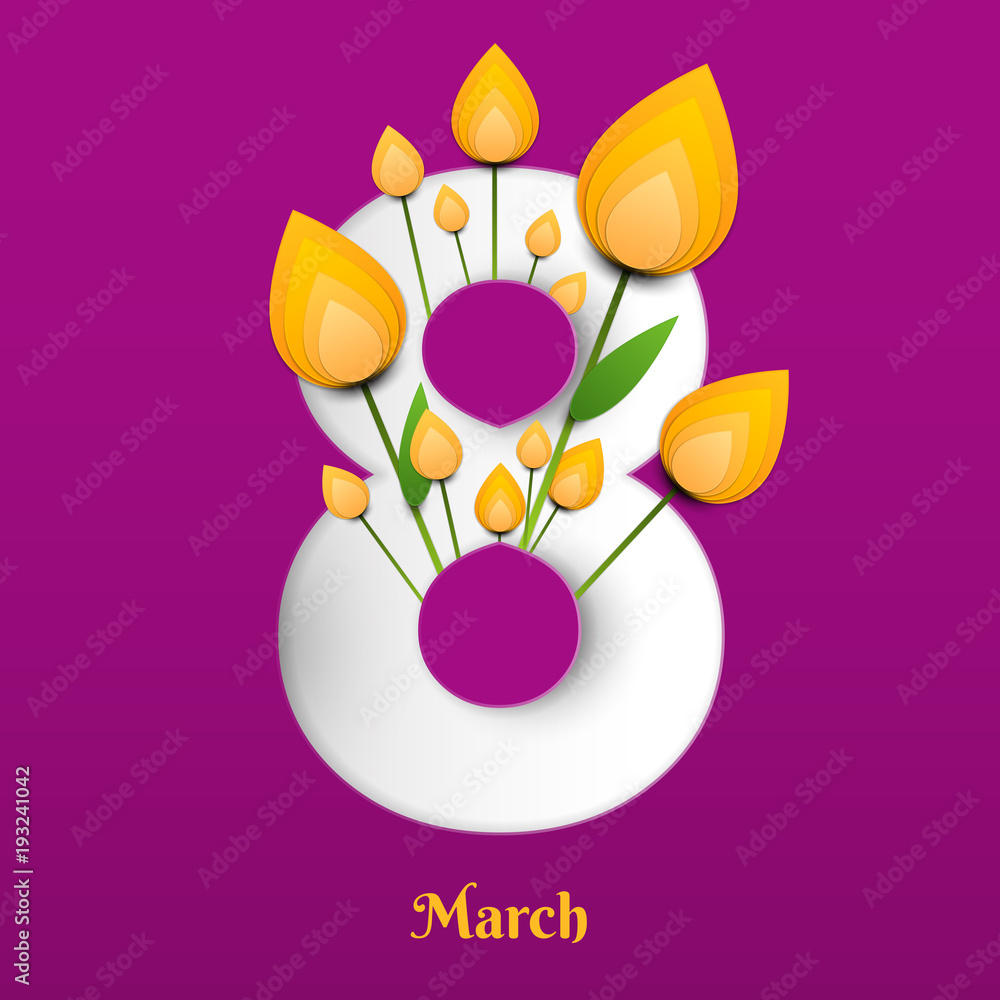 Happy Women's Day concept design in minimalistic trendy paper cut style. Modern holiday background to March 8 for greeting card, banner, cover. Vector illustration.