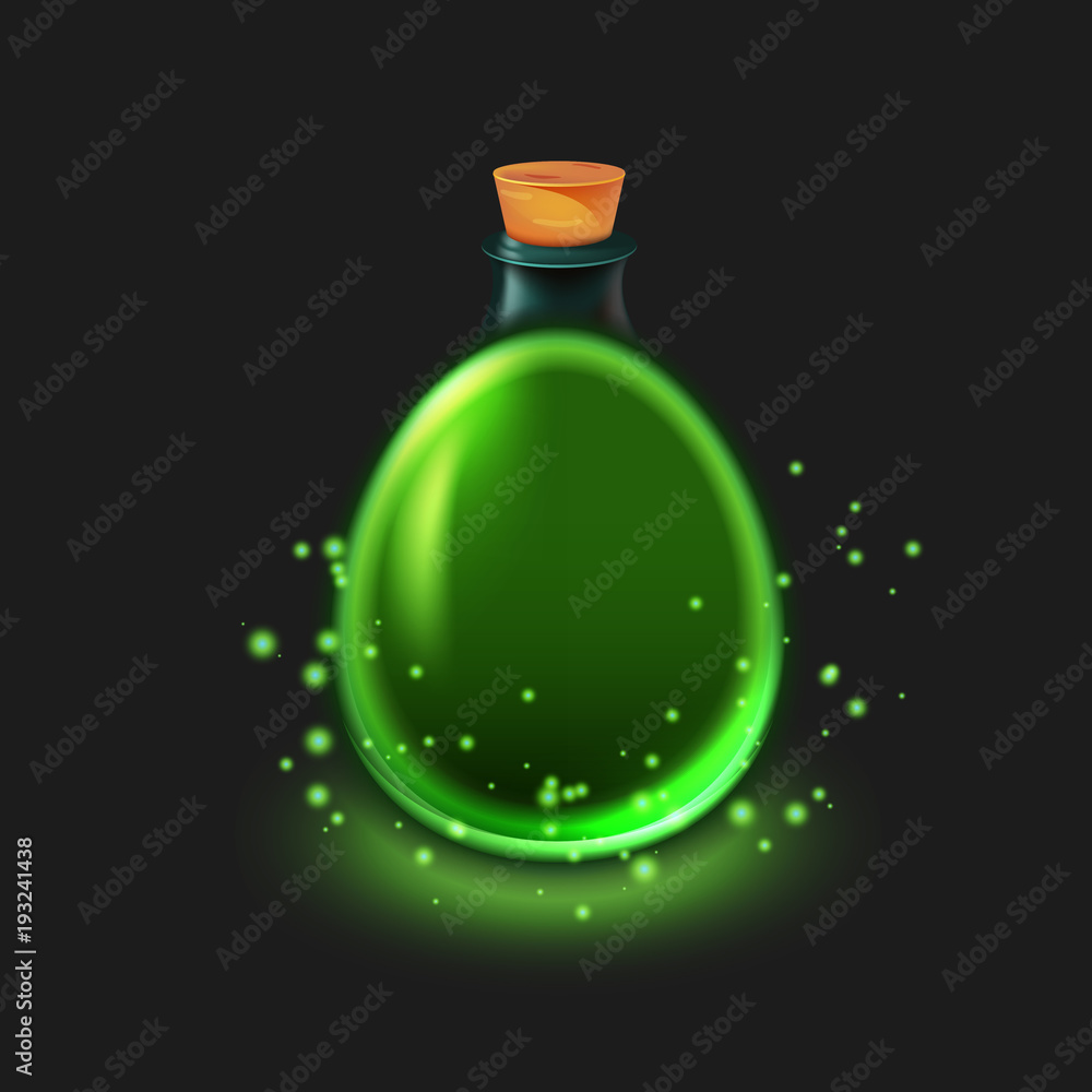 Magic bottle of potion. Illustration isolated on dark background. Graphic concept for your design Magic bottle of potion. Illustration isolated on dark background. Graphic concept for your design