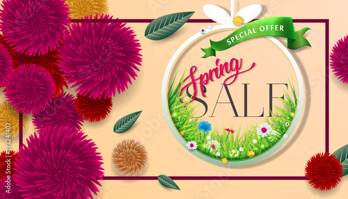 Spring sale background with beautiful colorful flower. Vector illustration. Wallpaper. flyers, posters, brochure, voucher discount. Spring sale banner with paper flowers for online shopping.