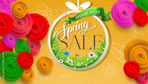 Spring sale background with beautiful colorful flower. Vector illustration. Wallpaper. flyers, posters, brochure, voucher discount. Spring sale banner with paper flowers for online shopping.
