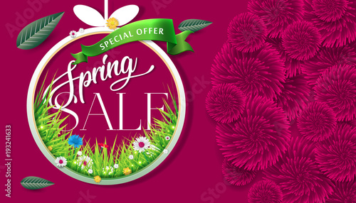 Spring sale background with beautiful colorful flower. Vector illustration. Wallpaper. flyers, posters, brochure, voucher discount. Spring sale banner with paper flowers for online shopping.