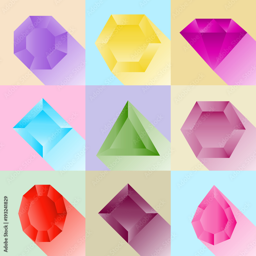 Precious stones, a set of realistic gemstones with shadows. Precious stones, a set of realistic gemstones with shadows.