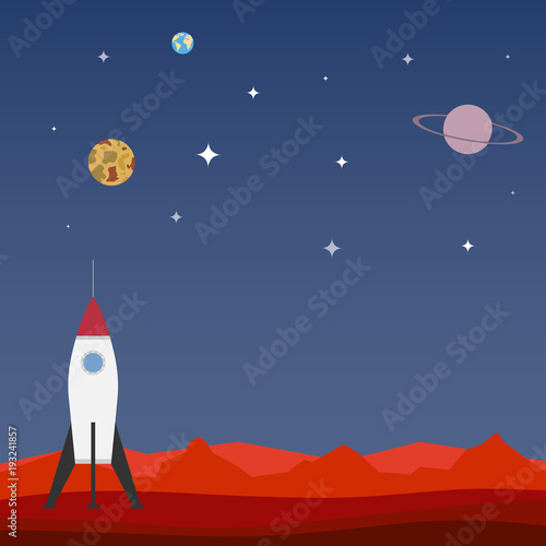 The concept of space flight. The rocket landed on planet.