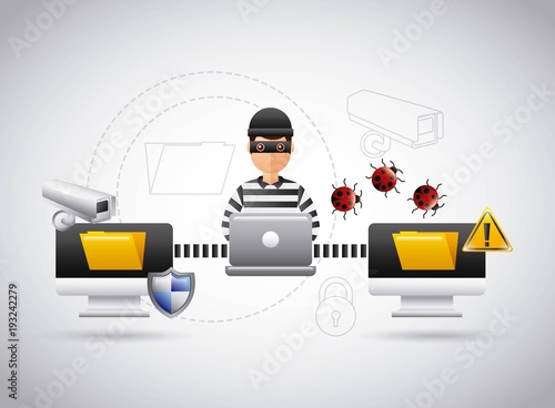 hacker theft file information laptop virus problem vector illustration