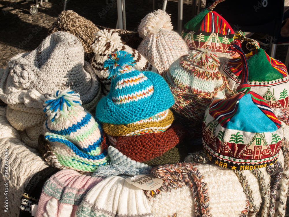 Traditional hats from Madeira in a street stall in Funchal. Madeira. Portugal