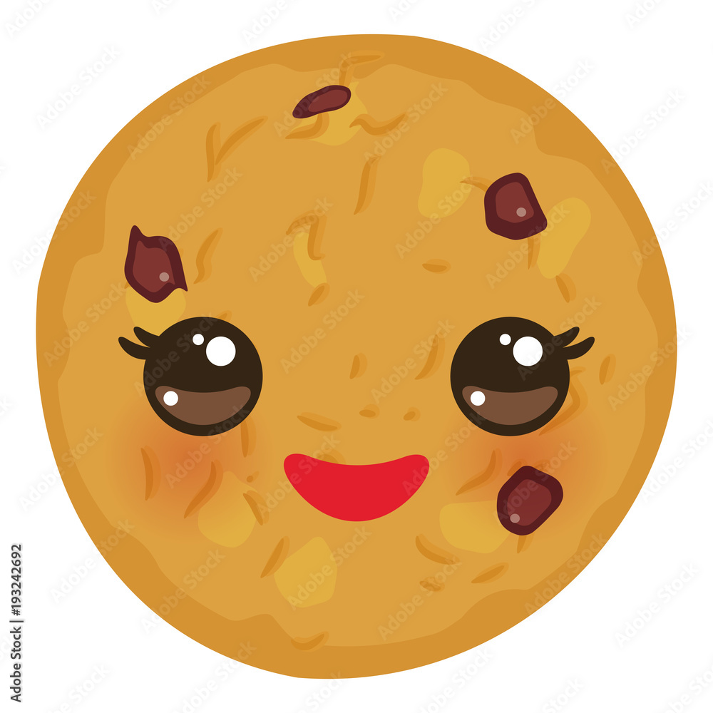 Fototapeta premium Kawaii Chocolate chip cookie Freshly baked isolated on white background. Cute face with pink cheeks and eyes. Bright colors. Vector