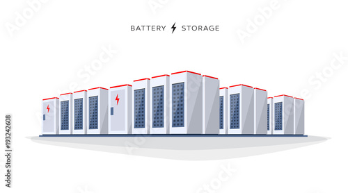 Vector illustration of large rechargeable lithium-ion battery energy storage stationary for renewable electric power stations. Backup power energy storage cloud server system on white background.