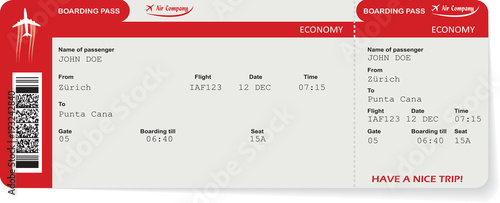 Red vector airline passenger and baggage boarding pass ticket with barcode. Concept of travel,journey or business trip