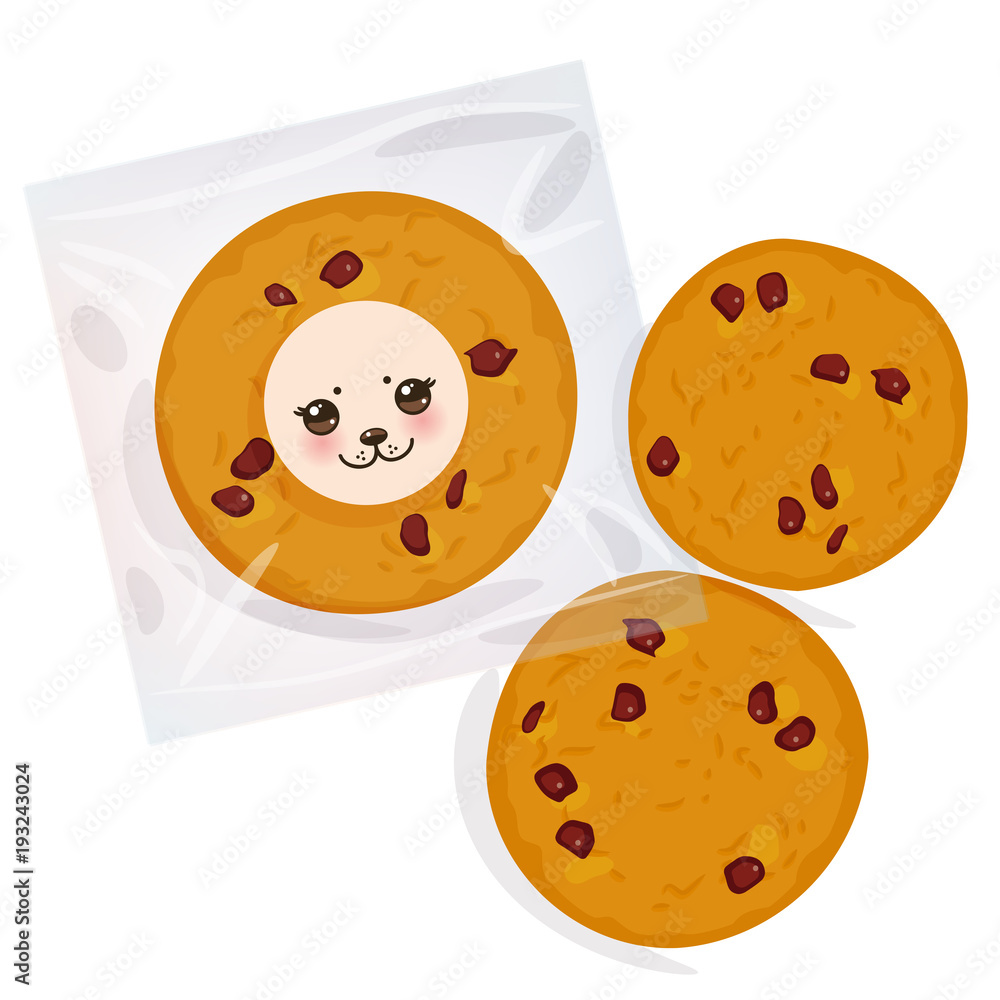 Fototapeta premium Hand made Chocolate chip cookie, Freshly baked Four cookies in transparent plastic package isolated on white background. Bright colors. Vector