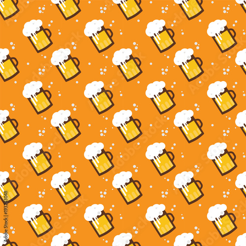 Seamless beer pattern. Beer mugs and glasses on an orange background. st patricks and octoberfest illustration. Vector illustration