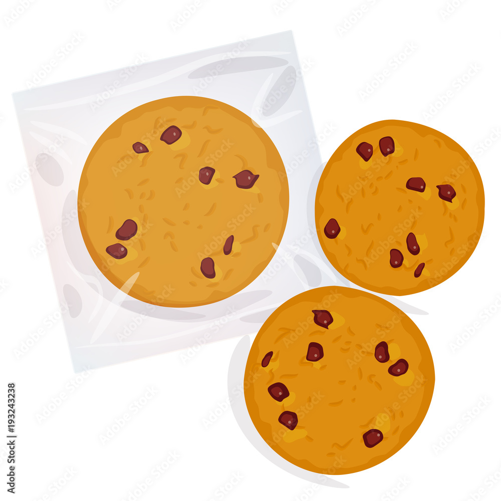 Fototapeta premium Chocolate chip cookie, Freshly baked Four cookies in transparent plastic package isolated on white background. Bright colors. Vector