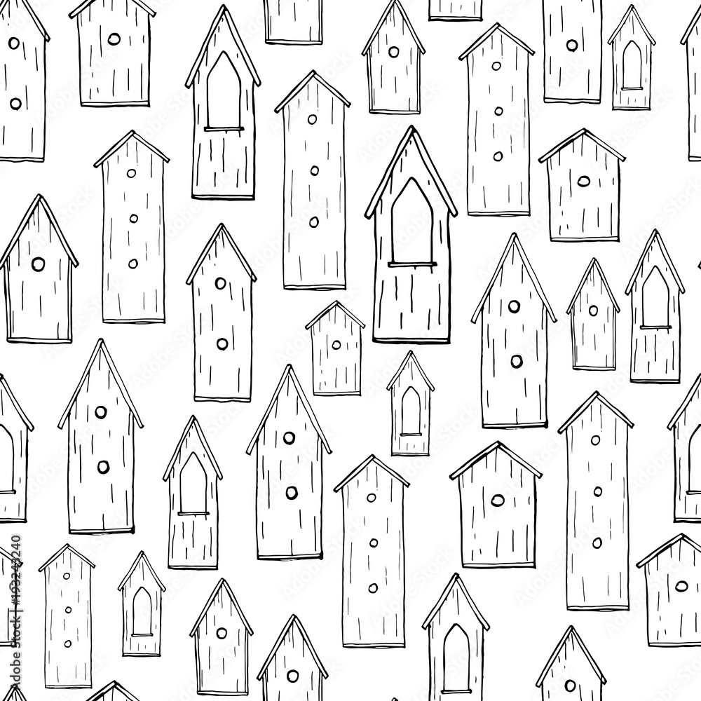 Seamless pattern with hand drawn ink birdhouses. Strokes on white background.