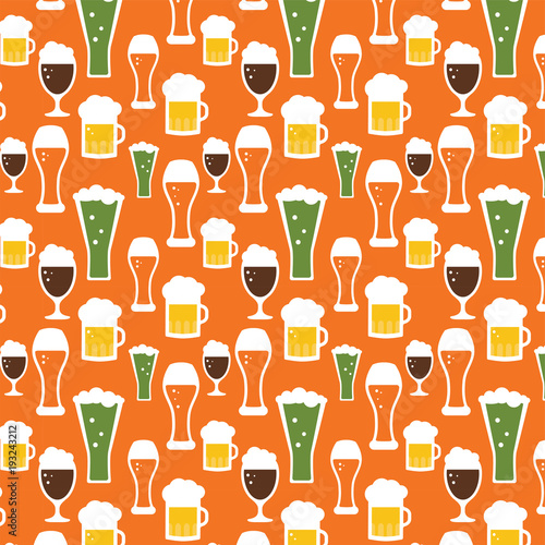 Seamless beer pattern. Beer mugs and glasses on an orange background. st patricks and octoberfest illustration. Vector illustration