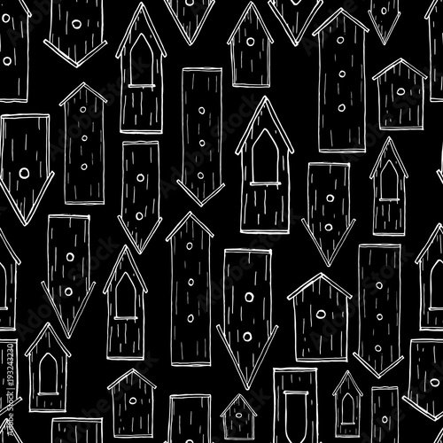 Seamless pattern with hand drawn ink birdhouses. Strokes on black background.