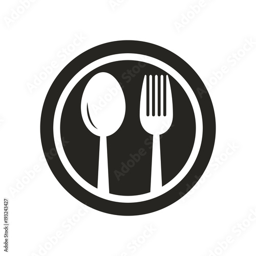 Spoon and fork on plate logo black and white, Spoon and fork vector icon, cafe restaraunt  logo, web icon