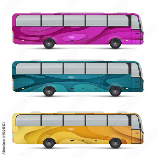 Mockup of passenger bus. Design templates for transport. Branding for advertising and corporate identity. Graphics elements for business or inspiration. Vector illustration.