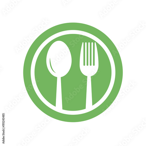 Spoon and knife icons. Cutlery symbol. Green circle button with flat web icon. Vector
