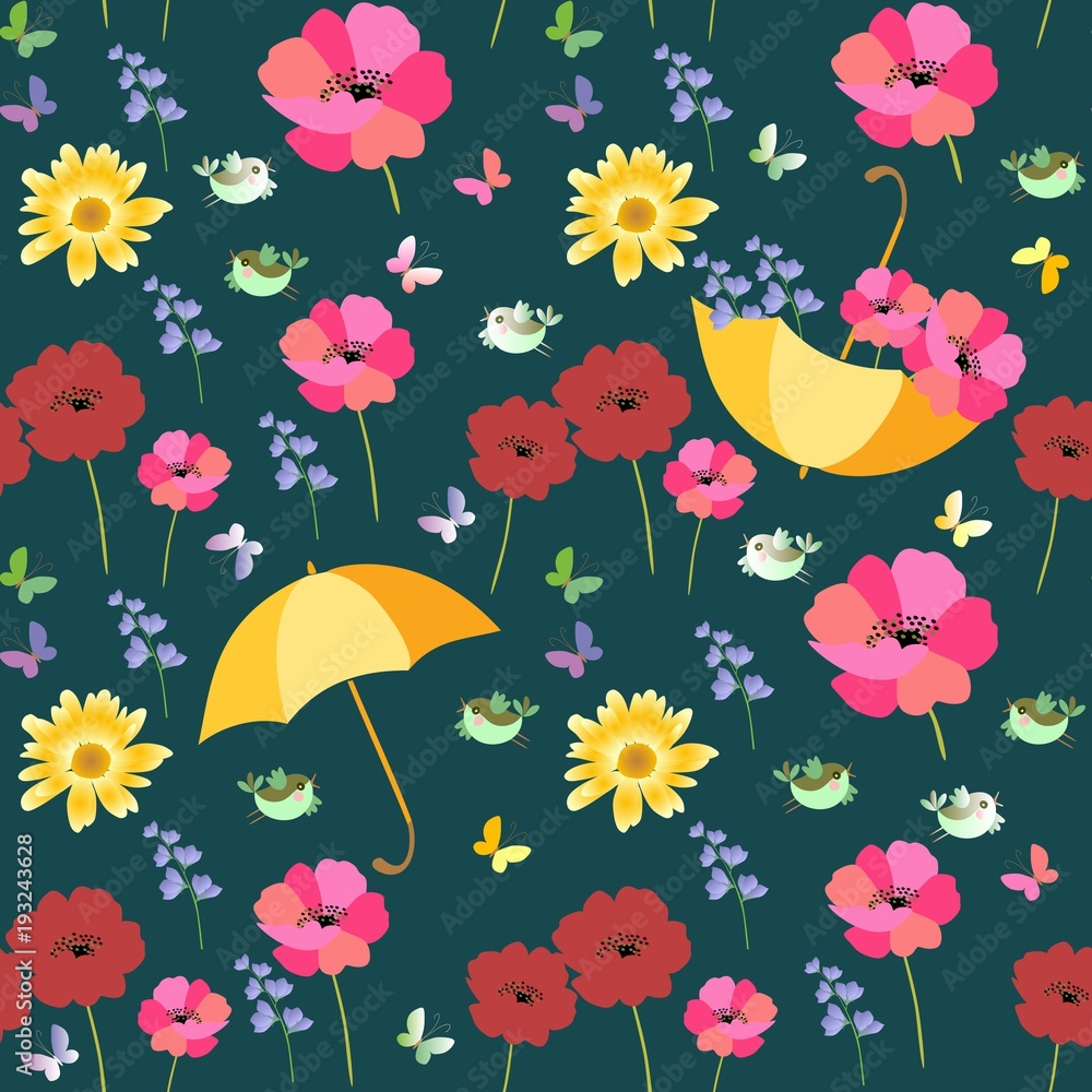 Seamless vector summer pattern with yellow umbrellas, red and pink poppies, green birds and multicolor butterflies isolated on dark background. Fashionable print for fabric. Seamless vector summer pattern with yellow umbrellas, red and pink poppies, green birds and multicolor butterflies isolated on dark background. Fashionable print for fabric.