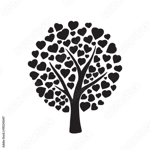 Love tree with hearts shaped leaf on white background. Nature. Beautiful vector monochrome silhouette illustration.