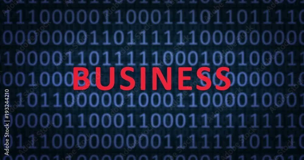 BUSINESS word pops out from the binary numbers background as camera slides forward. Binary numbers concept. BUSINESS word pops out from the binary numbers background as camera slides forward. Binary numbers concept.