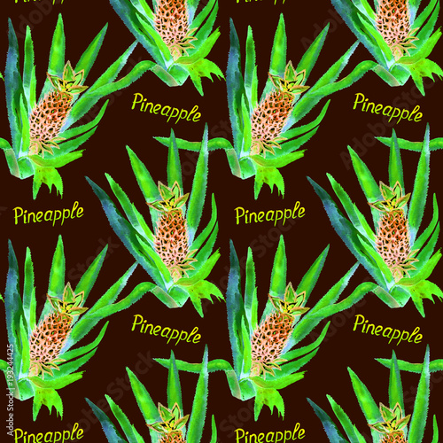 Fototapeta Naklejka Na Ścianę i Meble -  Pineapple plant with fruit and inscription, seamless pattern design in bright neon color palette, hand painted watercolor illustration, black background