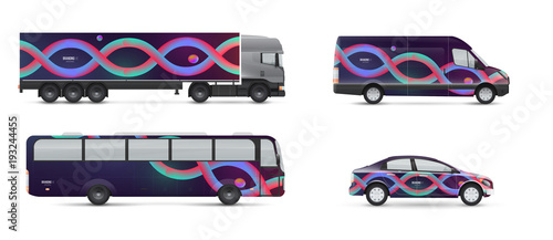 Design branding vehicles for advertising and corporate identity. Mock up for transport. Passenger car, bus and van. Graphics elements with modern geometric style.
