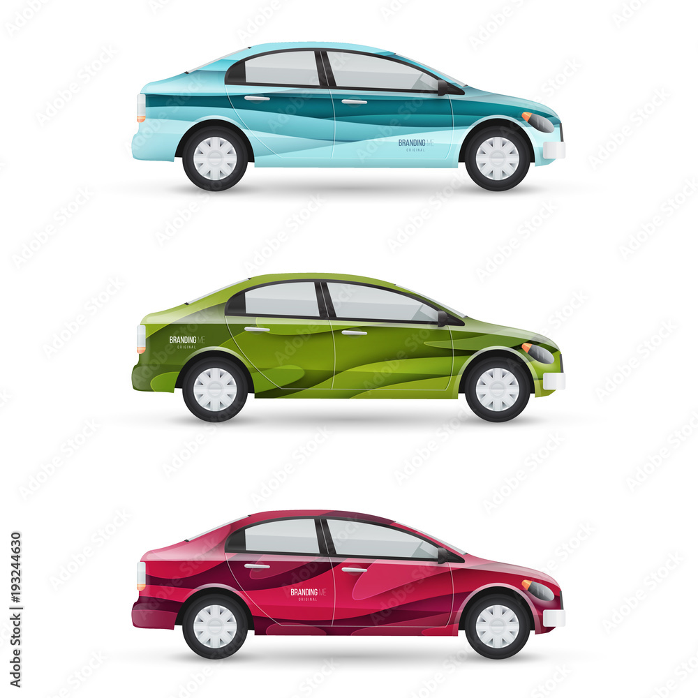Mockup of vector passenger car. Set of design templates for transport in modern style. Branding for advertising, business and corporate identity. Mockup of vector passenger car. Set of design templates for transport in modern style. Branding for advertising, business and corporate identity.