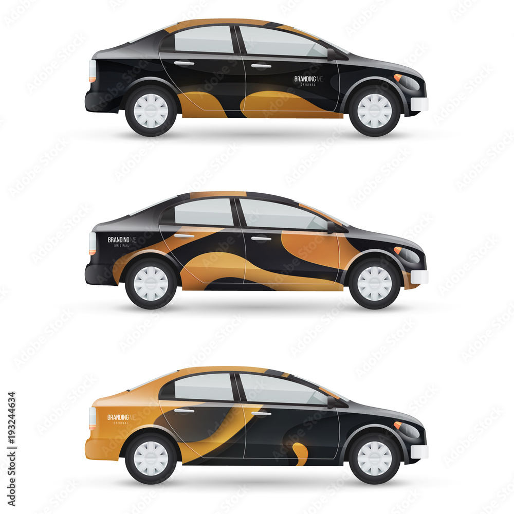 Mockup of vector passenger car. Set of design templates for transport in modern style. Branding for advertising, business and corporate identity.