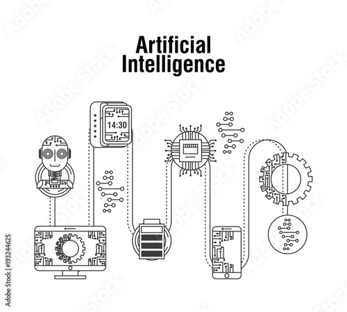 artificial intelligence technology robot mobile gear battery vector illustration thin line image