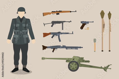 a german ww2 soldier gun equipment with bazooka machine gun pistols artillery vector graphic illustration