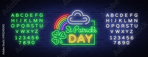 St Patricks Day Vector. Neon sign, logo, invitation symbol, greeting card, postcard. Design a neon style template for your projects. Bright banner. Invitation to the holiday. Editing text neon sign