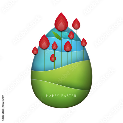 Happy easter concept colorful design in minimal trendy papercut style. Modern holiday background with flat simple egg shape for greeting card, banner, cover. Vector illustration.