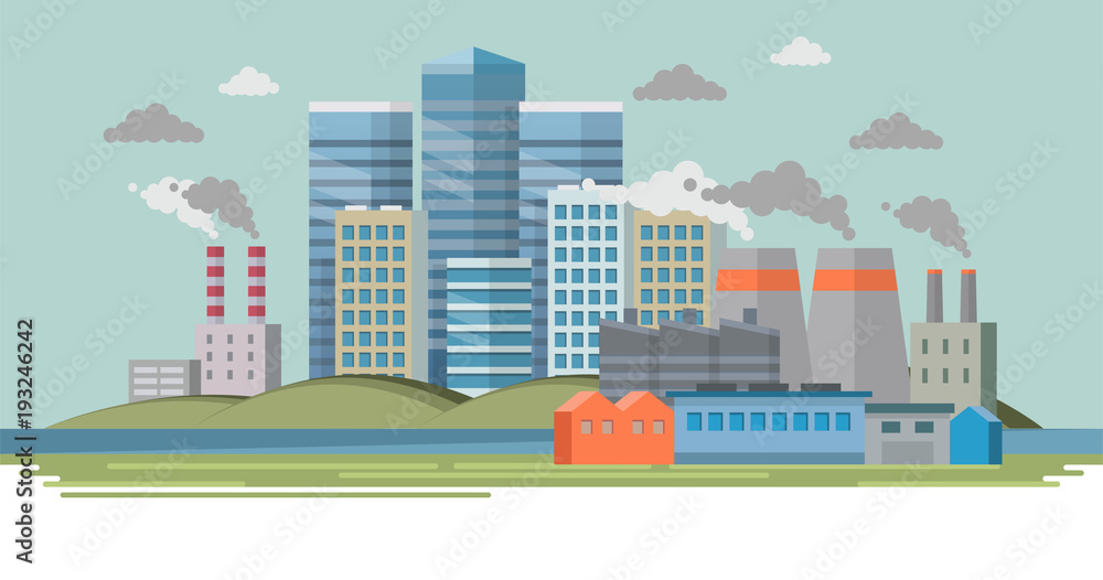 Old factory with smoke and pollution. City landscape, ecological concept. Vector illustration in flat style, design template