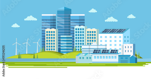 Modern ecological factory with solar panels and wind energy. City landscape, ecological concept. Vector illustration in flat style, design template