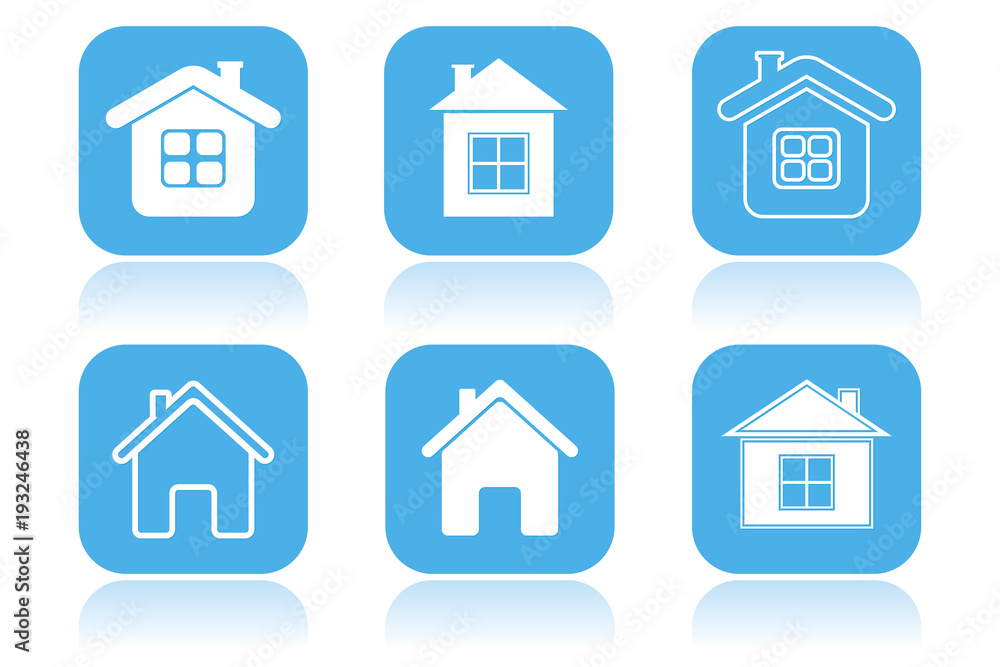 Home icons. Set of square blue icons with reflection Home icons. Set of square blue icons with reflection