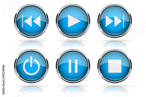 Media buttons. Blue round glass buttons with chrome frame
